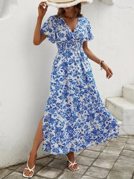 Robe cocktail fleurie longue