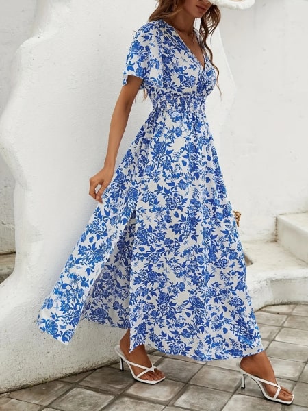 Robe cocktail fleurie longue