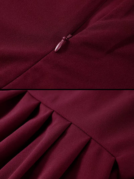 détails robe cocktail longue bordeaux